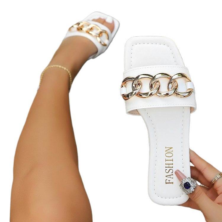 Damen Offene Mules mit dekorativem Ketten-Design EB