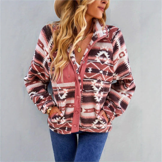 Damen Gemusterte Plüschjacke mit hohem Kragen und Druckknopfverschluss EB