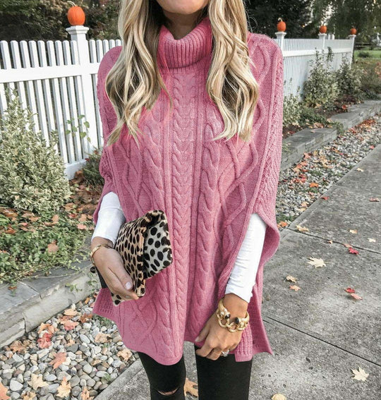 Damen Strickponcho mit hohem Kragen und dekorativem Zopfmuster EB