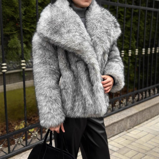 Damen elegante Kunstfelljacke mit voluminösem Kragen und verschließbaren Taschen EB