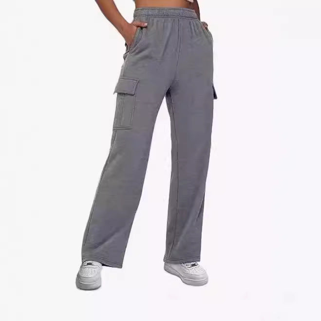 Damen nan gerade geschnittene Cargo-Sweathose mit hoher Taille und aufgesetzten Taschen EB