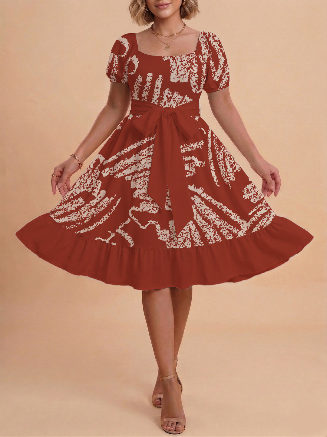 Damen A-Linien-Kleid mit floralen Motiven und taillierbarem Gürtel EB