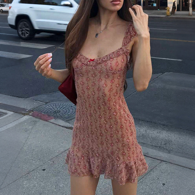 Damen Transparente Spitzenkleid mit Rüschen und floralem Muster EB