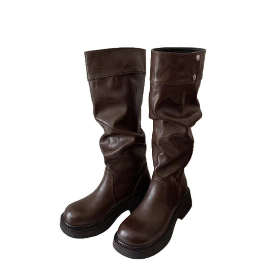 Damen Overknee-Stiefel mit elastischem Falten-Design und robustem Blockabsatz EB