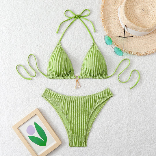 Damen Triangel-Bikini mit feiner Ripptextur und verspieltem Schmuckdetail EB