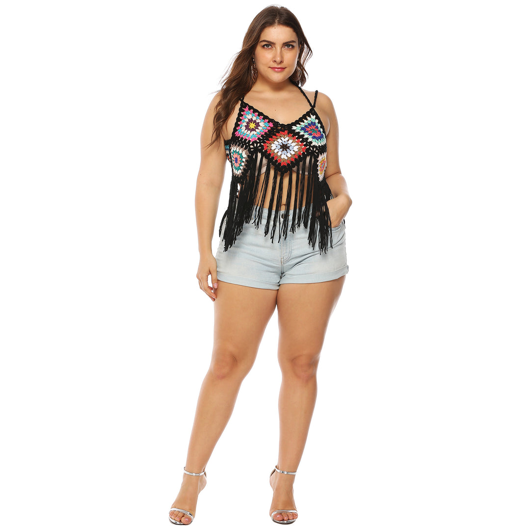 Damen gehäkeltes Crop-Top mit buntem Fransen-Design EB