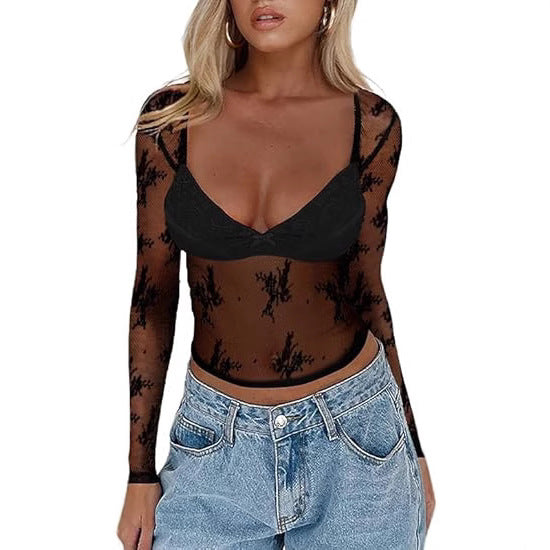 Damen Transparente Spitzenbluse mit eleganten Details EB