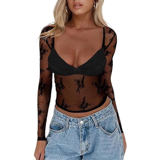 Damen Transparente Spitzenbluse mit eleganten Details EB