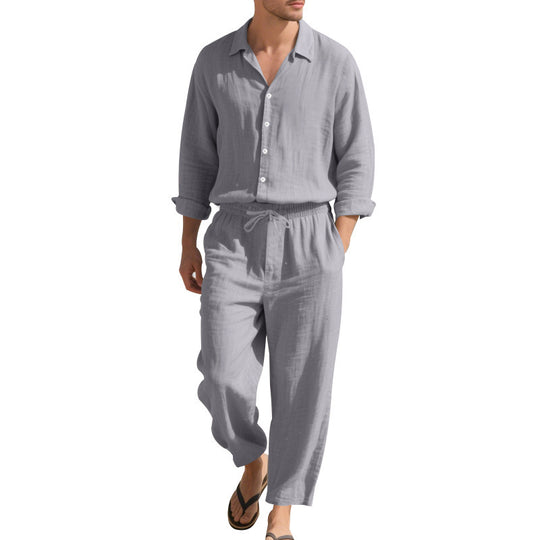 Damen nan komfortables Lounge-Set mit oversized Hemdbluse und elastischer Kordelzug-Hose EB