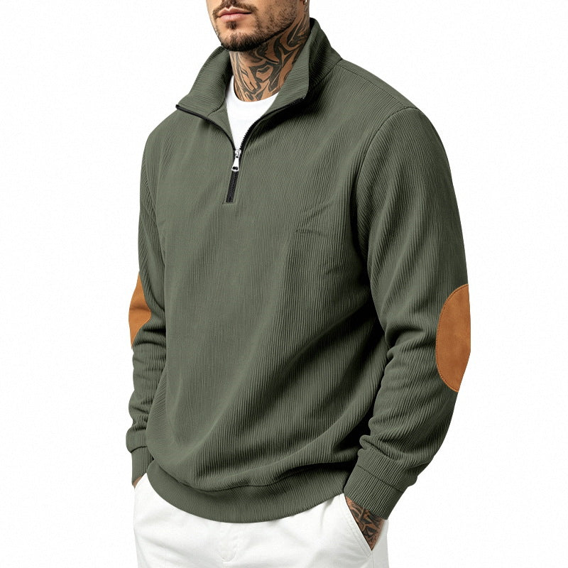 Herren nan Halbzip-Sweatshirt mit Stehkragen, feiner Waffelstruktur und Lederoptik-Ellenbogenpatchs EB