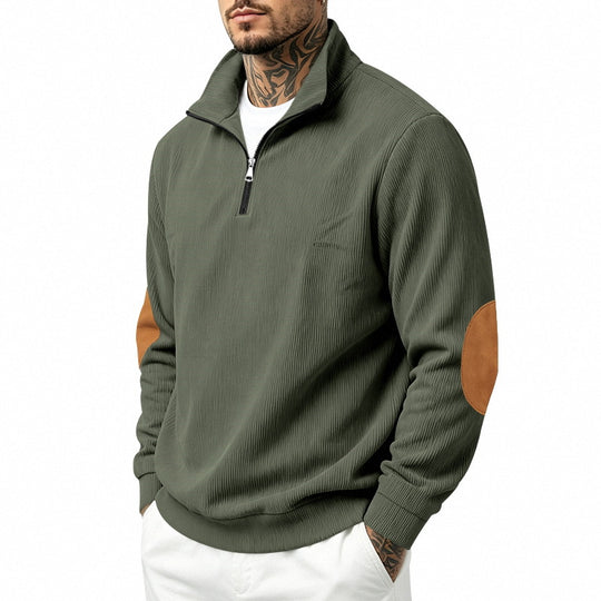 Herren nan Halbzip-Sweatshirt mit Stehkragen, feiner Waffelstruktur und Lederoptik-Ellenbogenpatchs EB