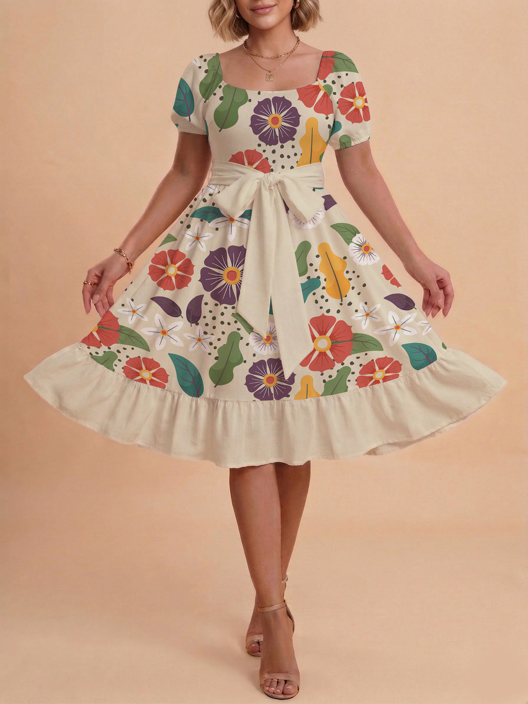 Damen Midi Kleid mit elegantem Blumendruck und tailliertem Gürtel EB