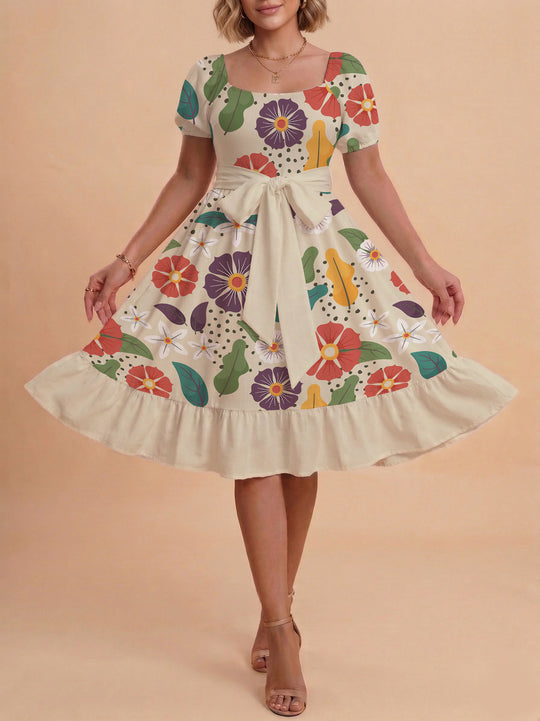 Damen Midi Kleid mit elegantem Blumendruck und tailliertem Gürtel EB
