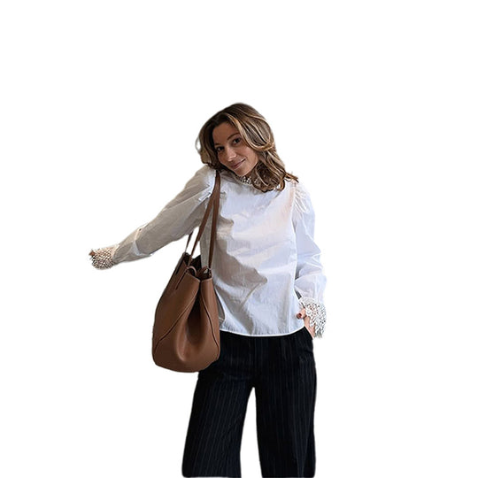 Damen Bluse mit eleganten Spitzenakzenten und Puffärmeln EB