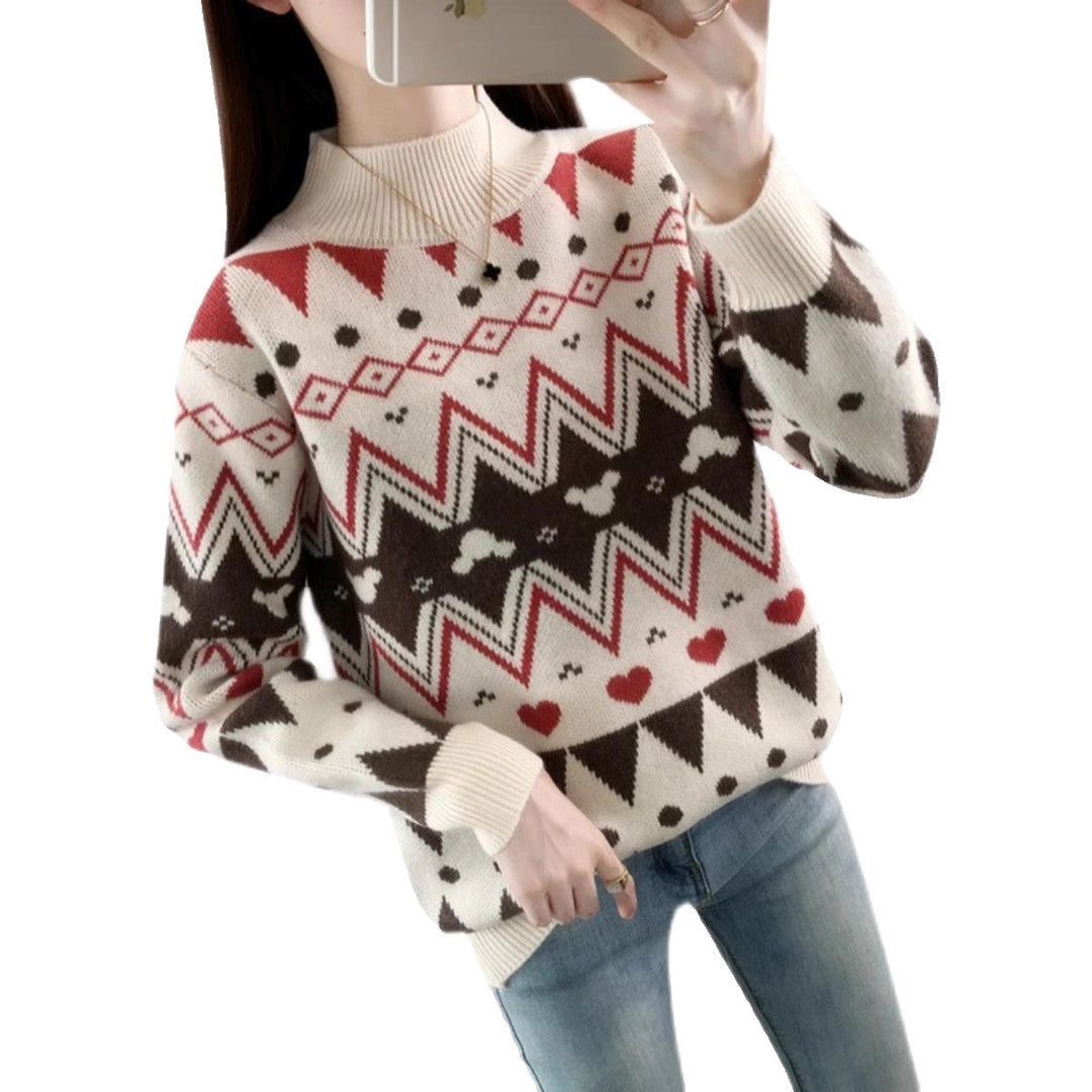 Damen festlicher Strickpullover im modernen Weihnachtsdesign mit geometrischem Muster und komfortablem Rundhalsausschnitt EB