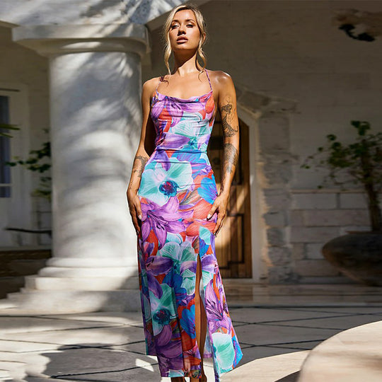 Damen Maxikleid mit floralem Muster und elegantem Schlitz EB