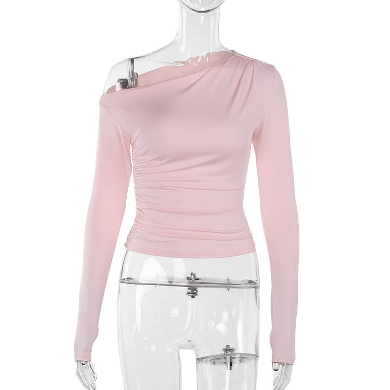 Damen Langarm-Crop-Top mit asymmetrischem Ausschnitt und Raffung EB