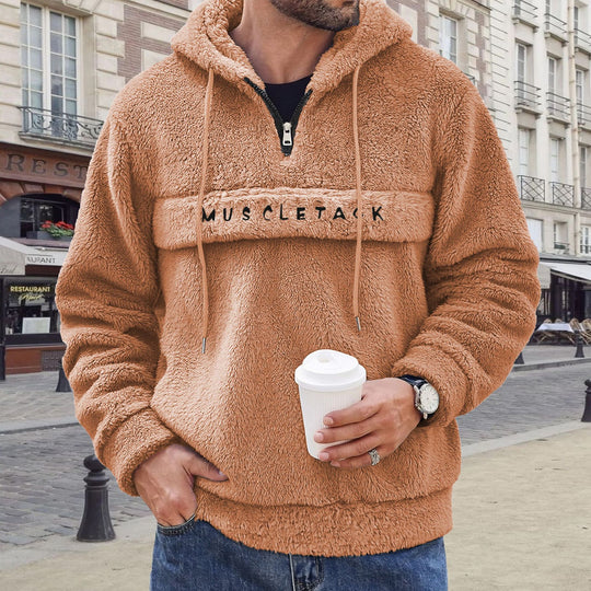 Herren nan Teddy-Fleece Kapuzenpullover mit halbem Reißverschluss, Kängurutasche und weichem Innenfutter EB
