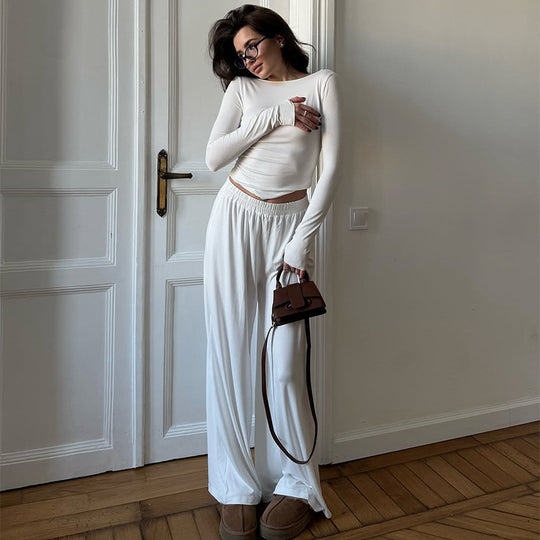 Damen Loungewear Set aus langärmligem Oberteil und weit geschnittenen Hosen EB