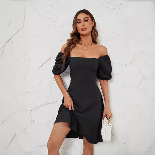 Damen Elegantes Off-Shoulder Kleid mit voluminösen Puffärmeln und asymmetrischem Schnitt EB
