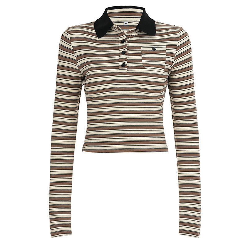 Damen nan gestreiftes Polo-Crop-Longsleeve mit kontrastkragen und Brusttasche EB