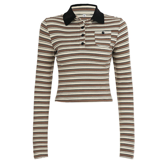 Damen nan gestreiftes Polo-Crop-Longsleeve mit kontrastkragen und Brusttasche EB