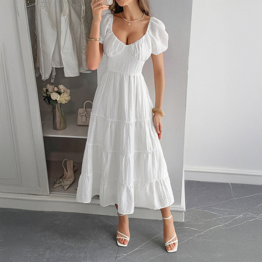 Damen Midi-Kleid mit voluminösen Puffärmeln und lässigem Schnitt EB
