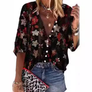 Damen Transparente Bluse mit floralen Stickereien und übergroßem Schnitt EB