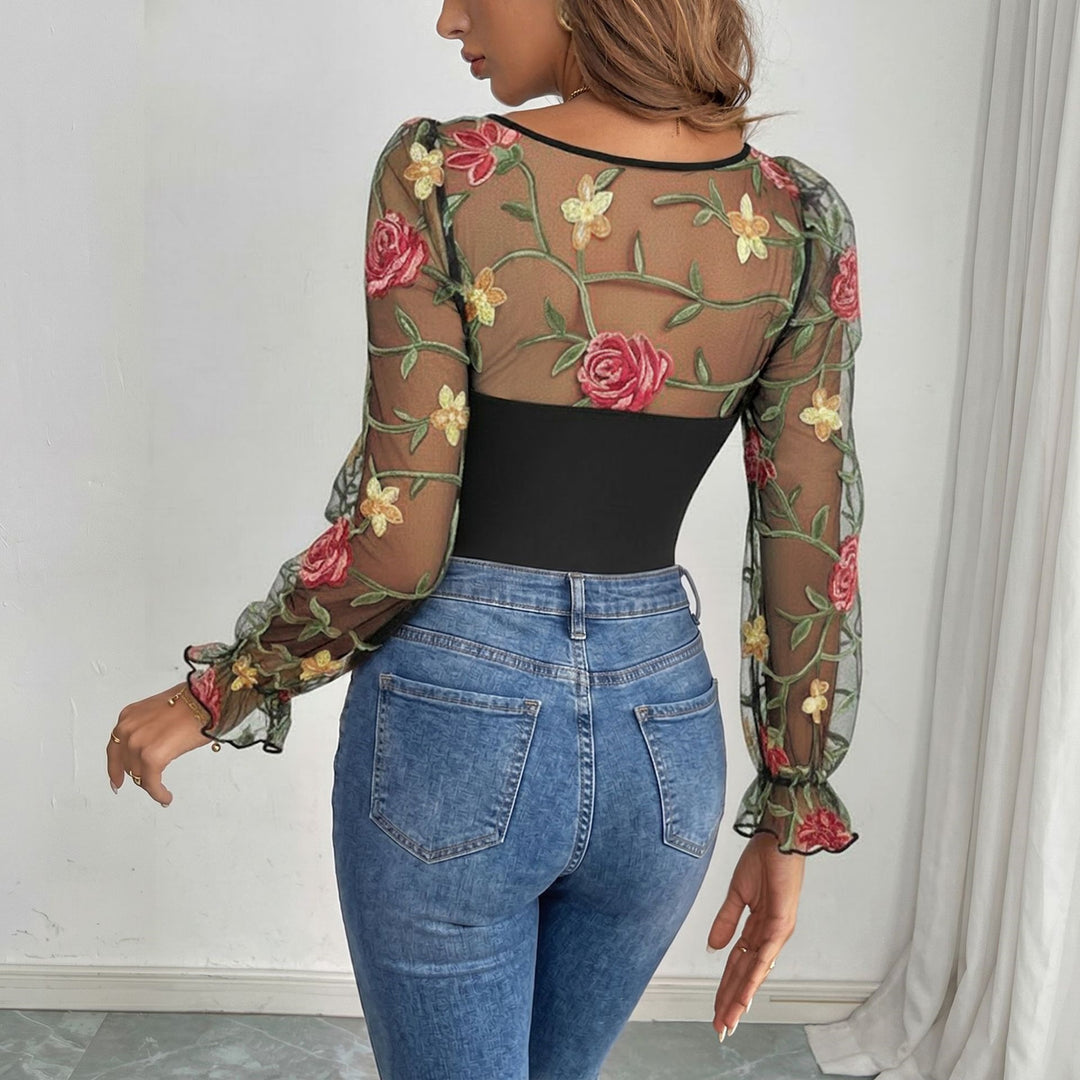 Damen Bestickter Mesh-Bodysuit mit herzförmigem Ausschnitt und langen Puffärmeln EB