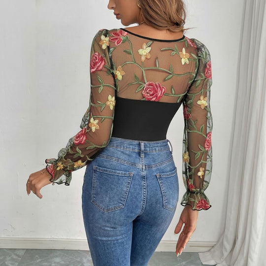 Damen Bestickter Mesh-Bodysuit mit herzförmigem Ausschnitt und langen Puffärmeln EB