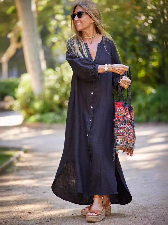 Damen Maxikleid mit Knöpfen und eleganten Ärmeln EB