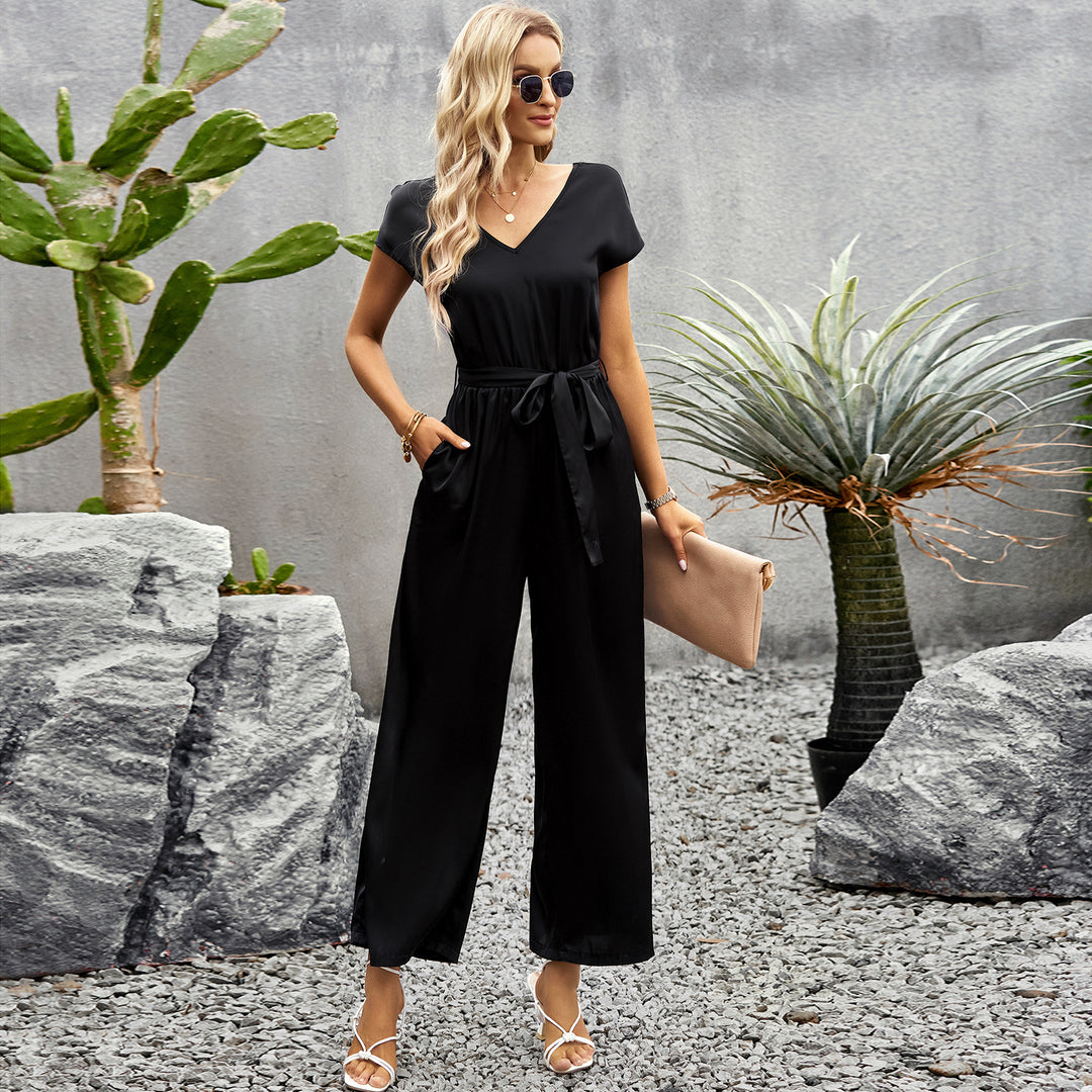 Damen Elegant geschnittener Jumpsuit mit weitem Bein und Taillengürtel EB