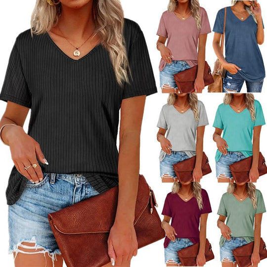 Damen Viskose T-Shirt mit feinem Rippstrickmuster und lässigem V-Ausschnitt EB