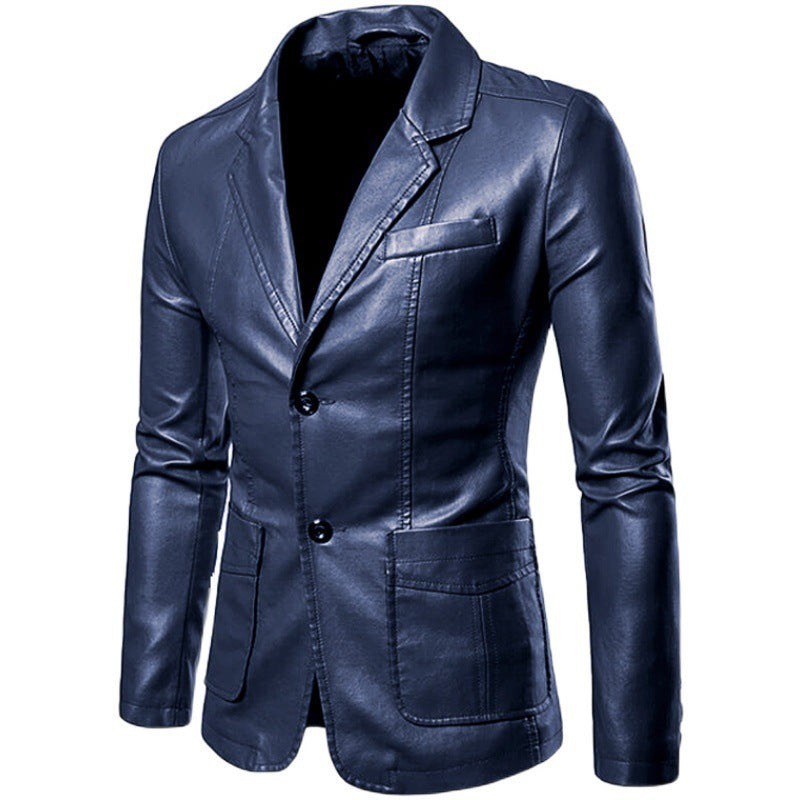 Herren Figurbetonter Lederoptik-Blazer mit Hemdkragen und Zwei-Knopf-Front EB