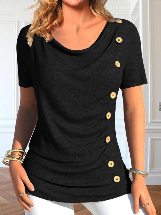 Damen Elegantes Rundhals-Oberteil mit Knopfdetails EB