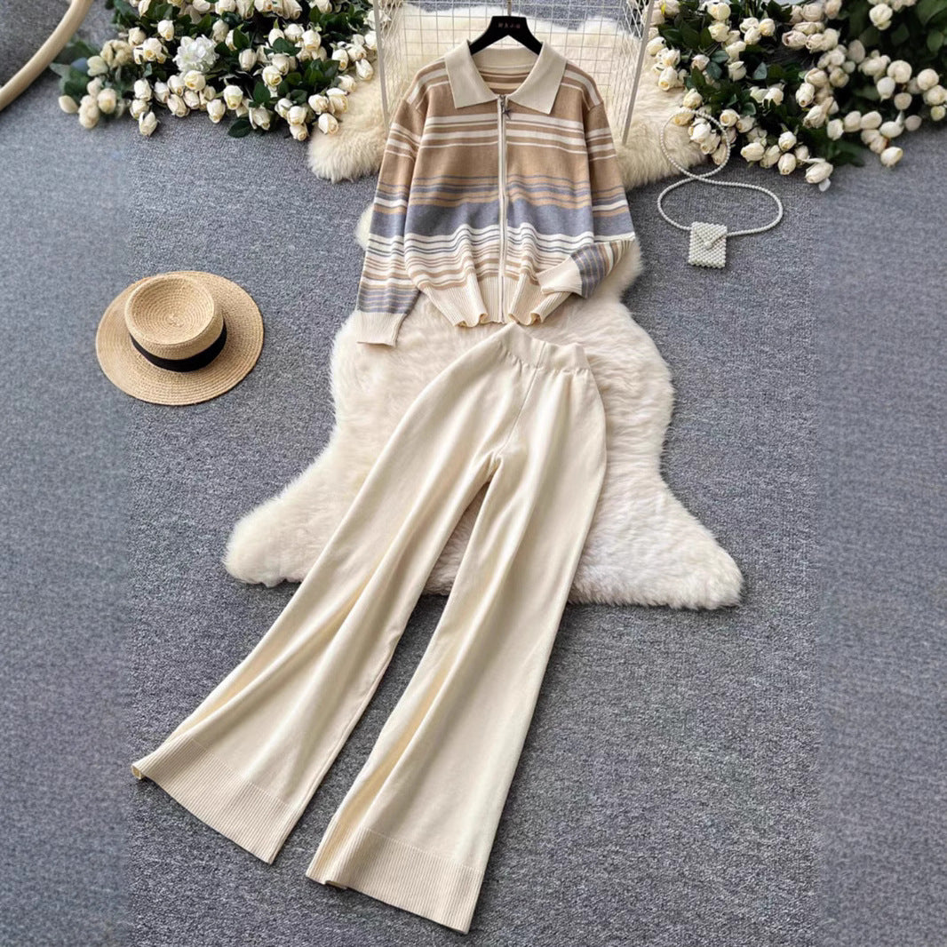 Damen modisches Freizeit-Loungewear-Set mit Reißverschluss und breitem Bein EB