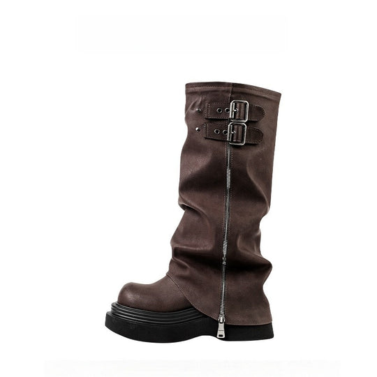 Damen modische Overknee-Stiefel mit robustem Plateau und dekorativen Schnallen EB