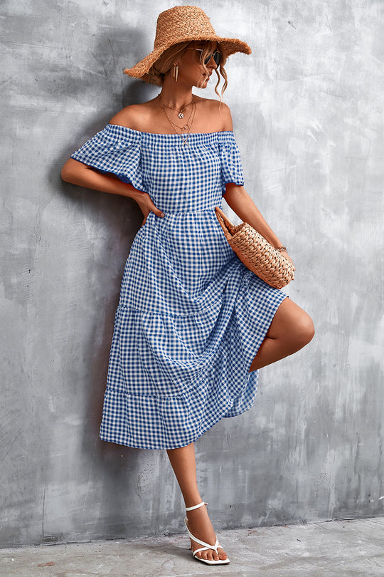 Damen Fließendes Maxikleid mit off-shoulder Design und Rüschensaum EB