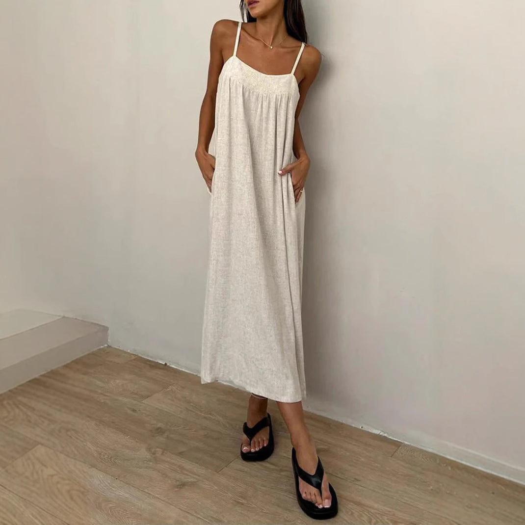 Damen luftiges Maxikleid mit breitem Schnitt und praktischen Taschen EB