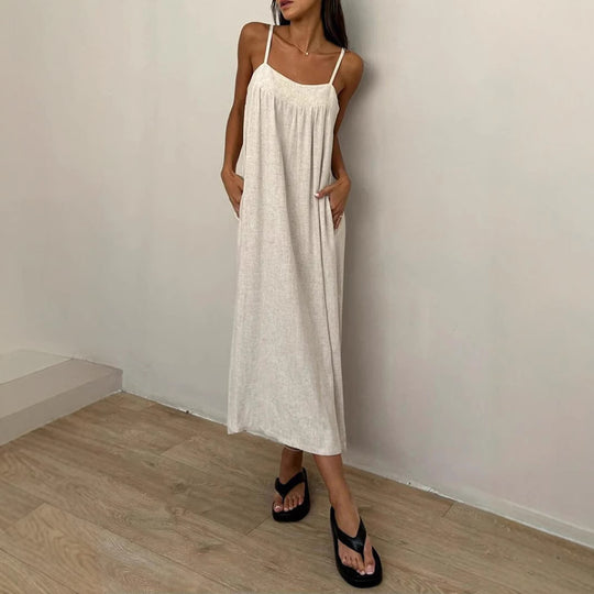 Damen luftiges Maxikleid mit breitem Schnitt und praktischen Taschen EB