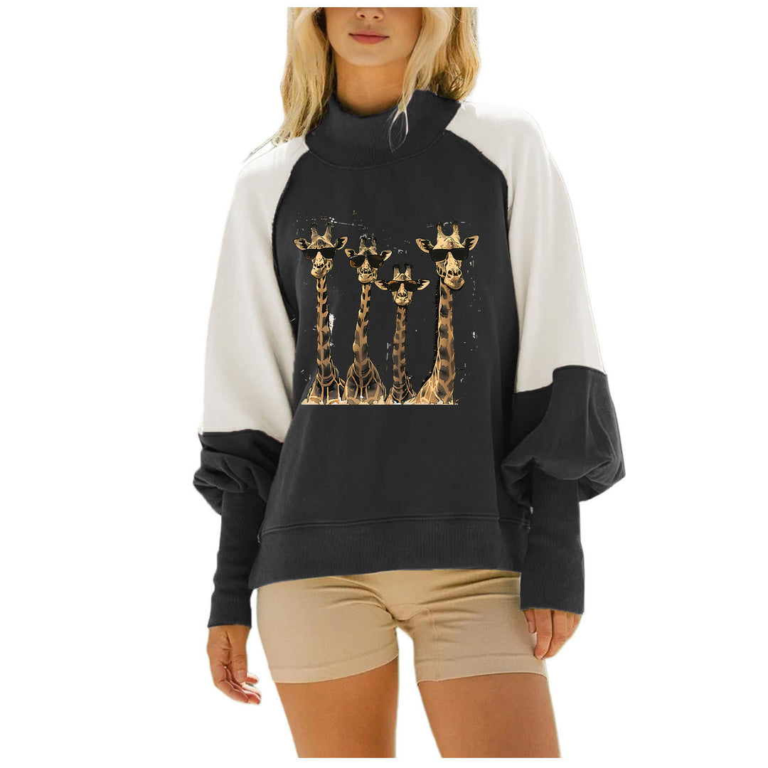 Damen nan lässiges Oversize Sweatshirt mit hohem Rollkragen, Raglanärmeln und Giraffen-Print EB
