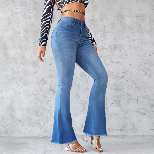 Damen Flared Jeans mit hohen Bund und ausgefranstem Saum EB