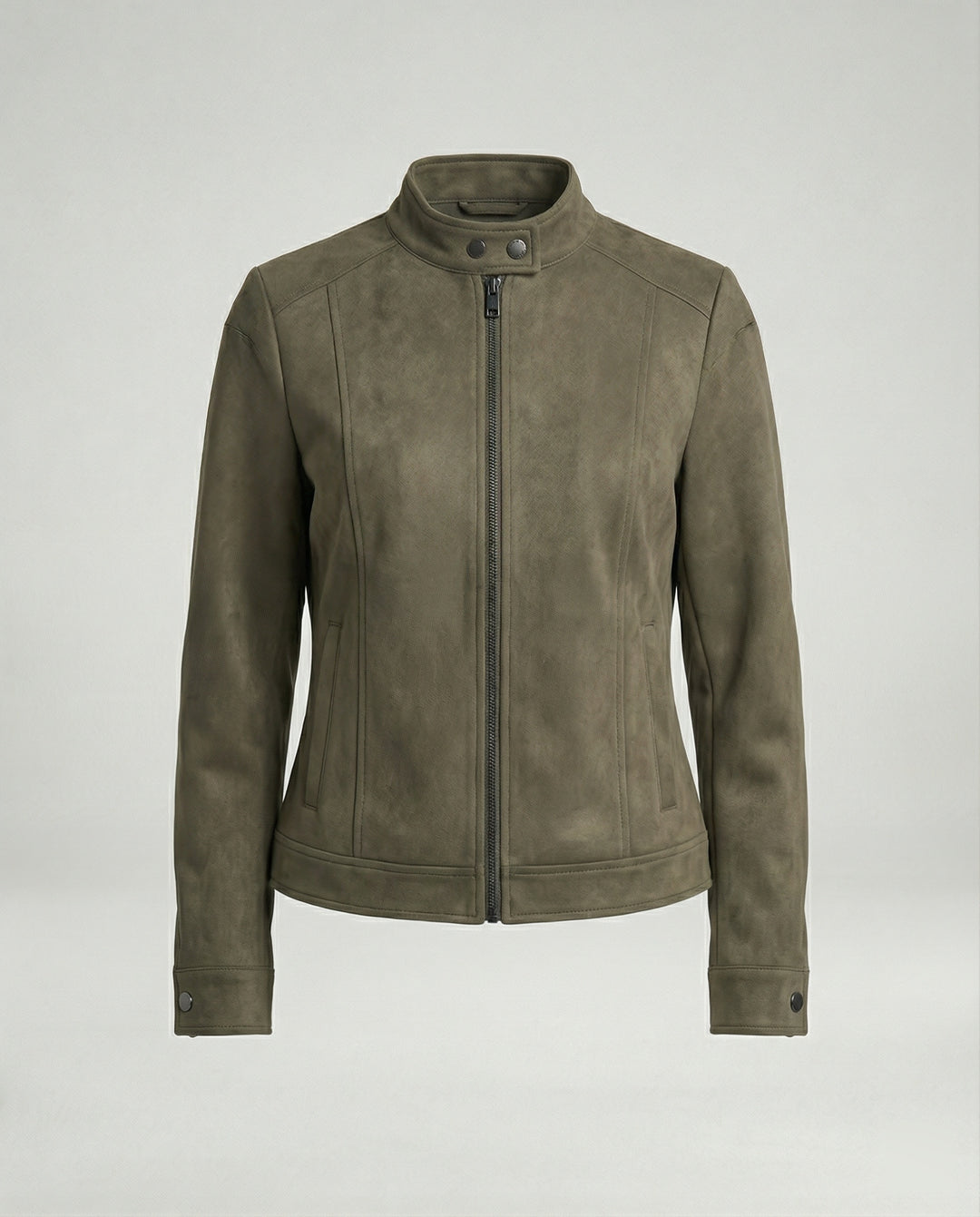 Damen kurze Velourslederjacke mit markanten Teilungsnähten hohem Stehkragen und Zweiwege-Reißverschluss EB
