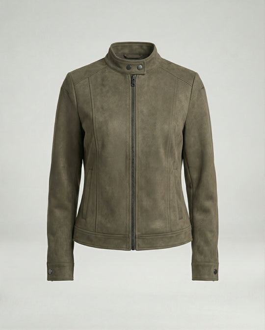 Damen kurze Velourslederjacke mit markanten Teilungsnähten hohem Stehkragen und Zweiwege-Reißverschluss EB