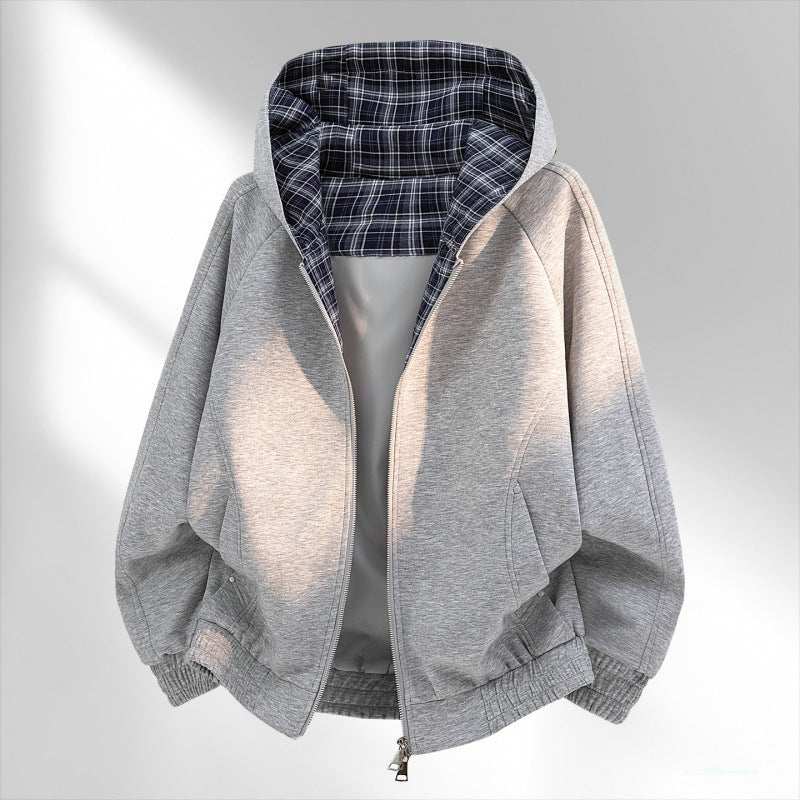 Damen lässiger Sweat-Bomber mit gesteppter Karofütterung in Kapuze und elastischem Saum EB