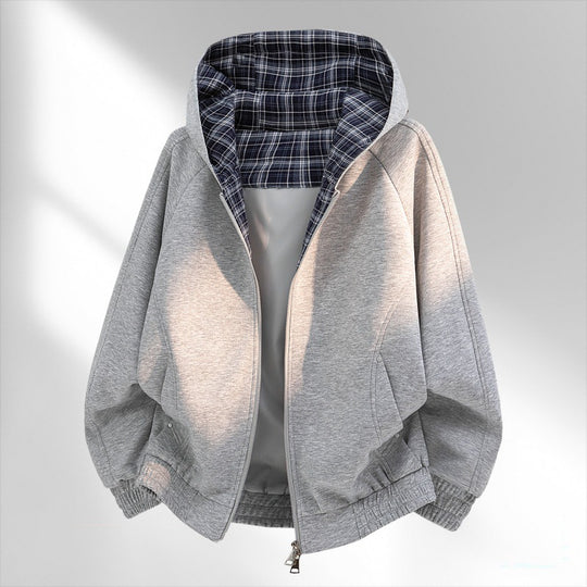 Damen lässiger Sweat-Bomber mit gesteppter Karofütterung in Kapuze und elastischem Saum EB