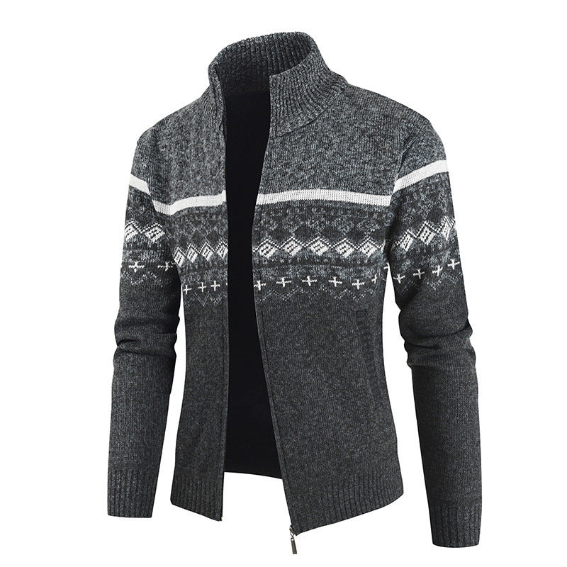 Herren modische Strickjacke mit hohem Kragen und grafischem Muster EB