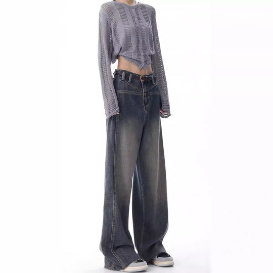 Damen Weite High-Waist Jeans mit lässigen Falten und modischem Design EB