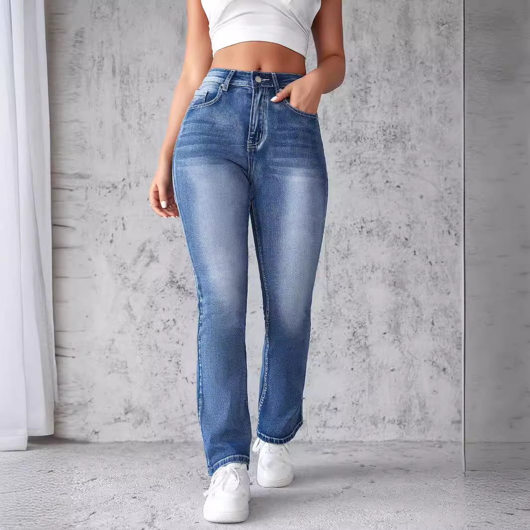 Damen High-Waist Stretch-Jeans mit geschnittenem Saum EB