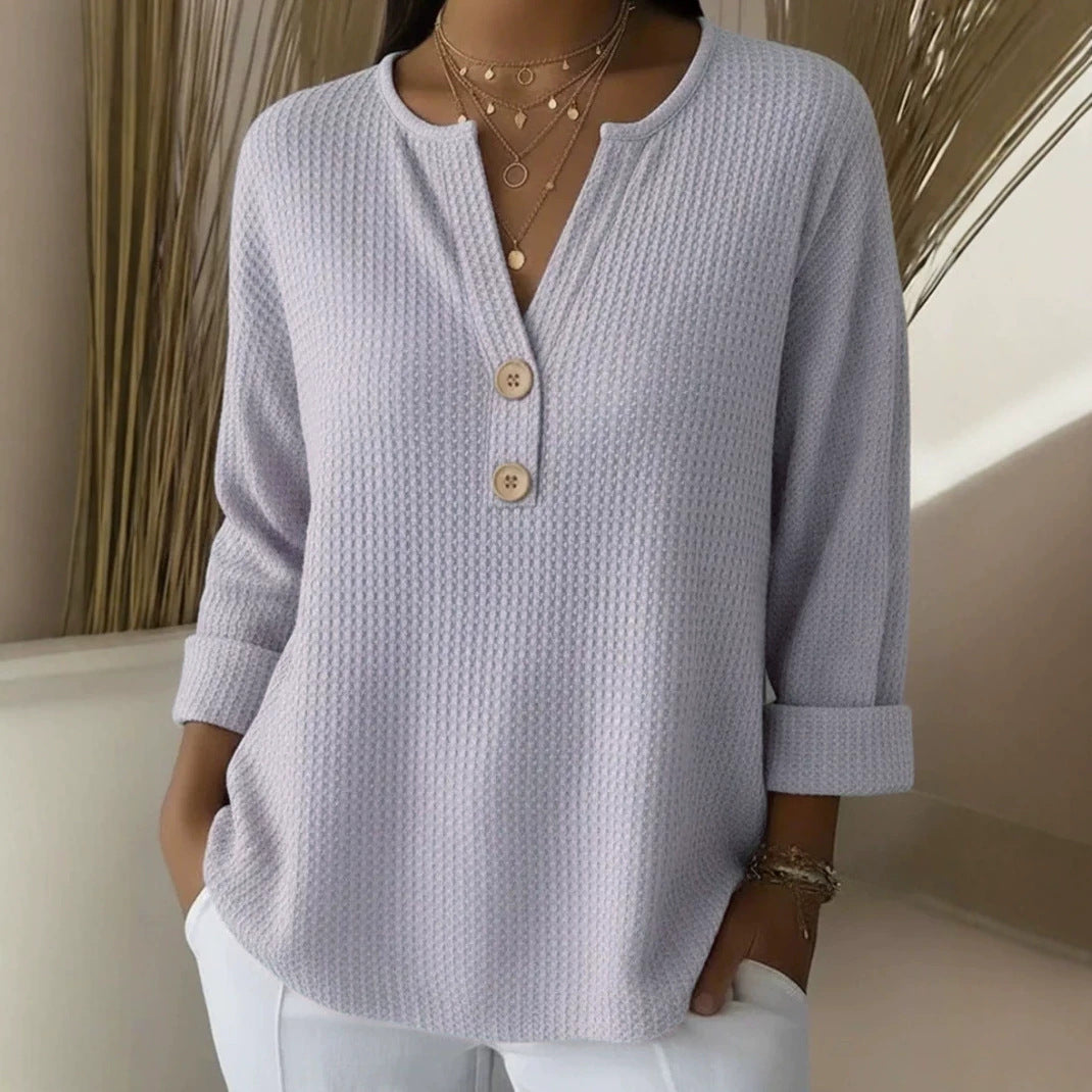 Damen nan Waffelstruktur Henley-Shirt mit V-Ausschnitt kurze Knopfleiste und krempelbaren 3/4-Ärmeln EB